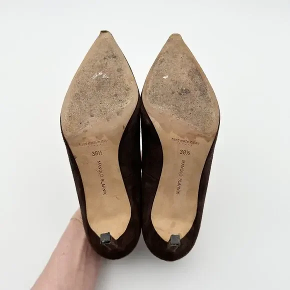 Manolo Blahnik BB Pointed Toe Suede Pumps Chocolate Brown Taupe Size 38.5 - Picture 12 of 15